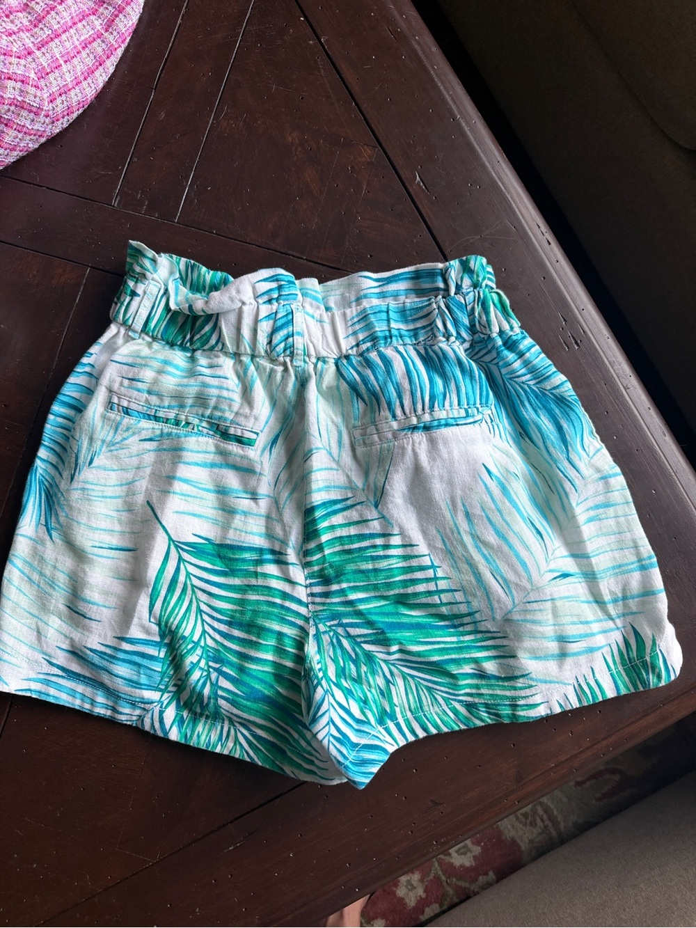 Tropical Palm Print Linen Women’s Elastic Waist Shorts - Green/Blue